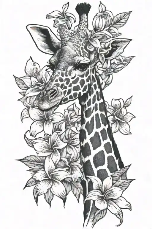 giraffe and plumeria flowers tattoo design idea