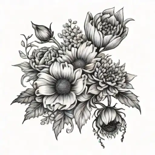 flowers poppy violet daisy marigold chrysanthemum  tattoo design idea
