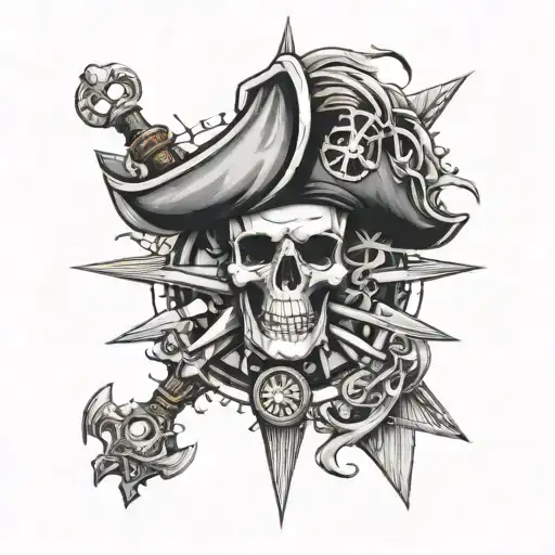 compass rose and pirate skull surrounded tattoo design idea