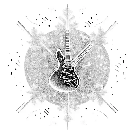 An electric guitar surrounded by swirling snowflakes, symbolizing the love for music and snowboarding, in blackwork style tattoo design idea