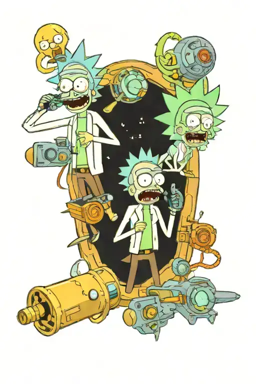 Rick and Morty with portal gun in frame around them tattoo design idea