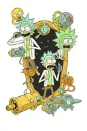 Rick and Morty with portal gun in frame around them tattoo design idea