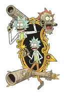 Rick and Morty with portal gun in frame around them tattoo design idea