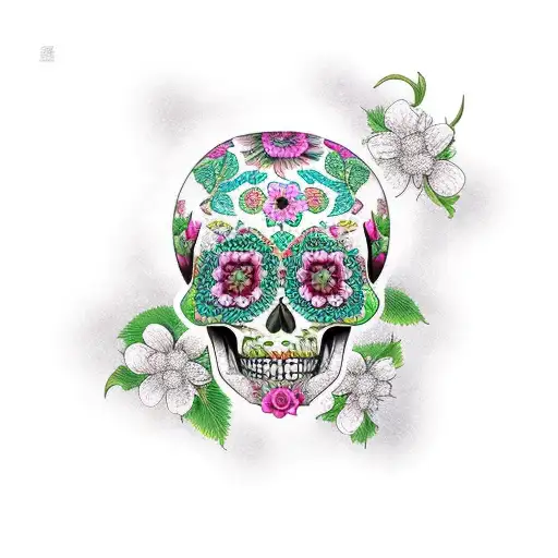 sugar skull paisley and cherry blossoms tattoo design idea