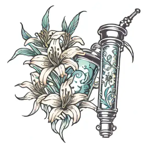 A traditional Japanese-style sleeve tattoo featuring lycoris radiata flowers and traditional nurse tools like a syringe and bandages tattoo design idea