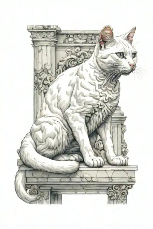 white cat with marble columns behind it tattoo design idea