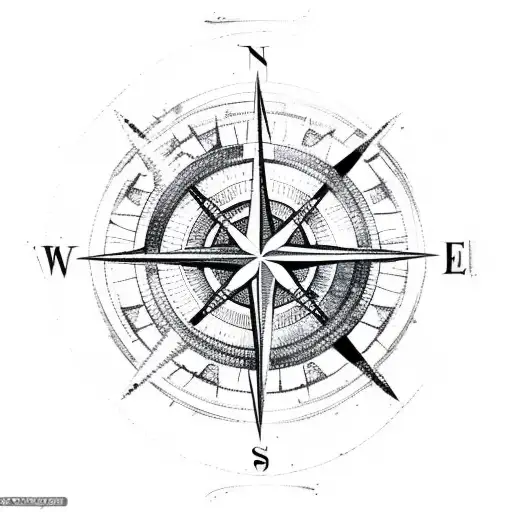 A sketch-style compass rose integrated into the mast of a tall ship tattoo design idea