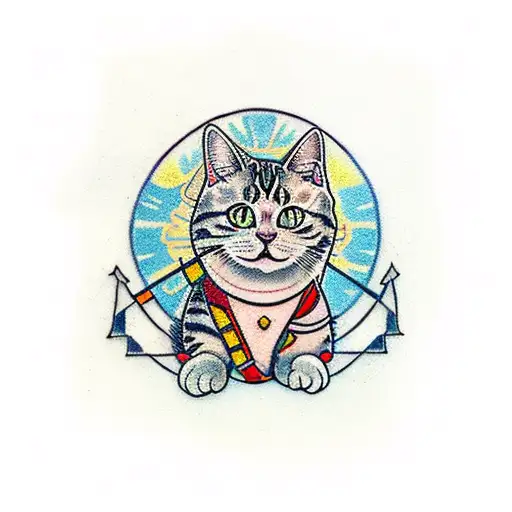 A traditional style tattoo of a bridge (representing civil engineering) with a cat sitting on top tattoo design idea
