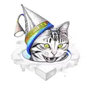 A singing cat with a wizard hat surrounded by mathematical equations tattoo design idea