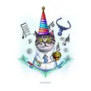 A singing cat with a wizard hat surrounded by mathematical equations tattoo design idea
