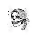Woman with a half handsome face and a half mexican skull face licking her lips with open mouth tattoo design idea