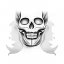 Woman with a half handsome face and a half mexican skull face licking her lips with open mouth tattoo design idea