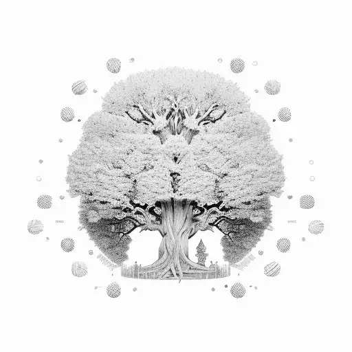 A tree made up of intricate binary code, with a woman standing beside it tattoo design idea