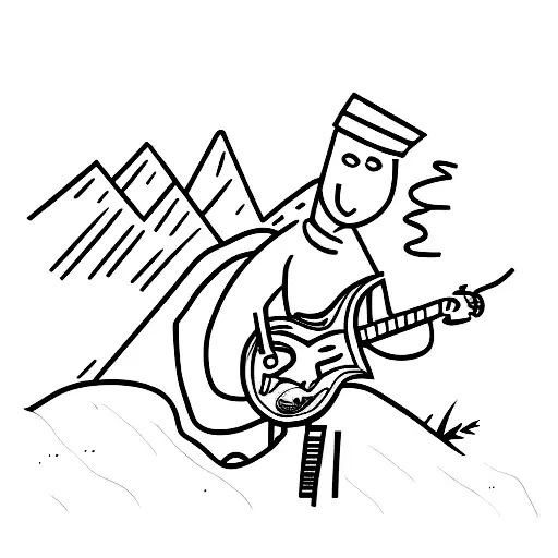 A silhouette of a hiker playing a guitar on a mountaintop tattoo design idea