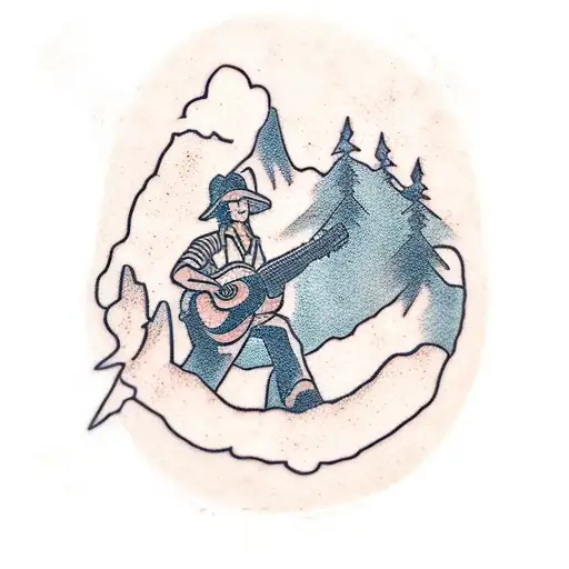 A silhouette of a hiker playing a guitar on a mountaintop tattoo design idea