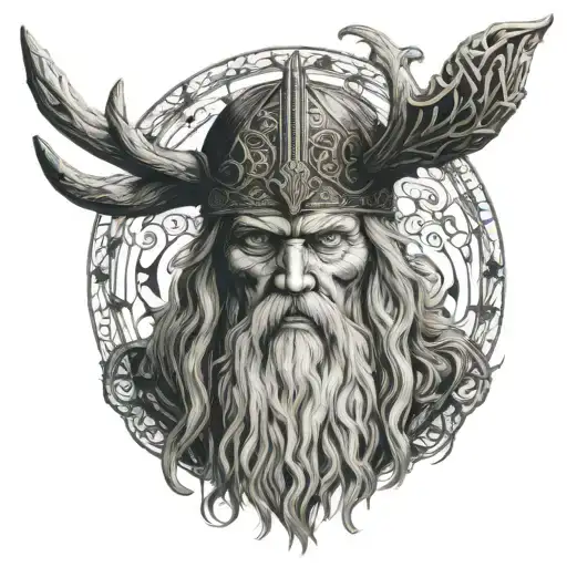 Odin's face as the central focus, surrounded by intricate line work and symbols inspired by Norse mythology. The numbers tattoo design idea