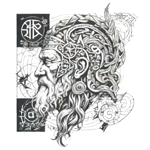 Odin's face as the central focus, surrounded by intricate line work and symbols inspired by Norse mythology. The numbers tattoo design idea