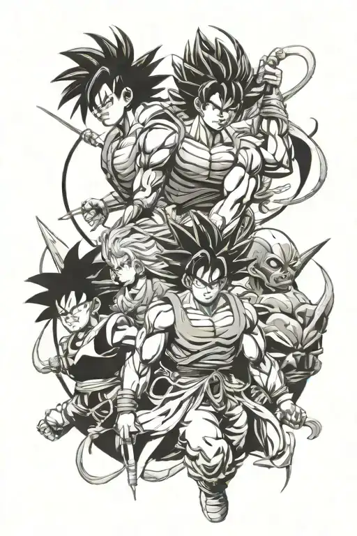 vários personagens  dragon ball z , star wars, titan eren yeager todos personagens na mesma tatoo tattoo design idea