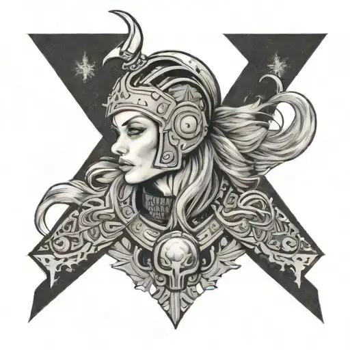 A biker mom with viking helmet and snowflakes in the background wolfs tattoo design idea