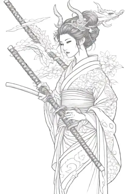 Sakura, dragon, geisha, katana tattoo design idea