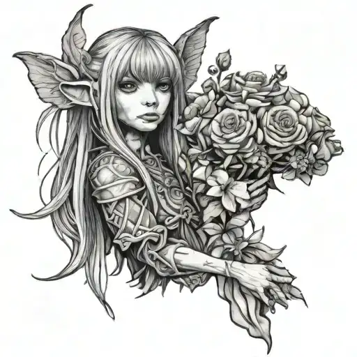 A black-grey tattoo of Kirra from the Dark Crystal holding a bouquet of flowers tattoo design idea
