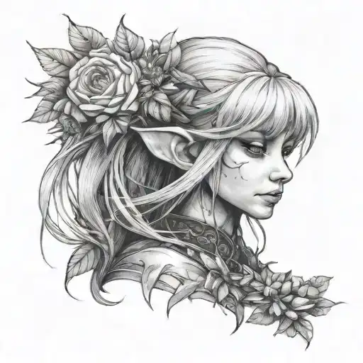 A black-grey tattoo of Kirra from the Dark Crystal holding a bouquet of flowers tattoo design idea