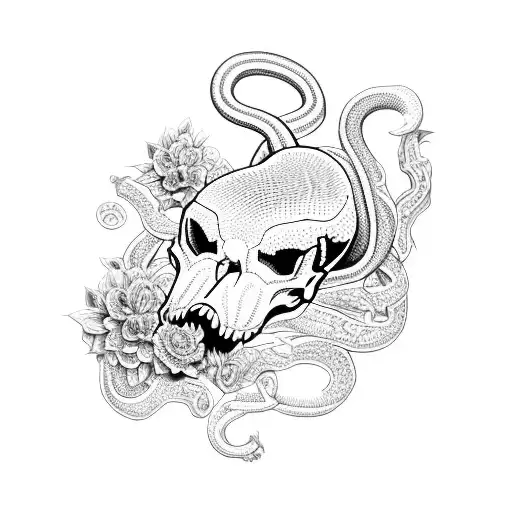 Snake with rat skulls and flowers tattoo design idea