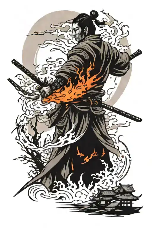 A samurai stands against the background of a burning village after a battle tattoo design idea
