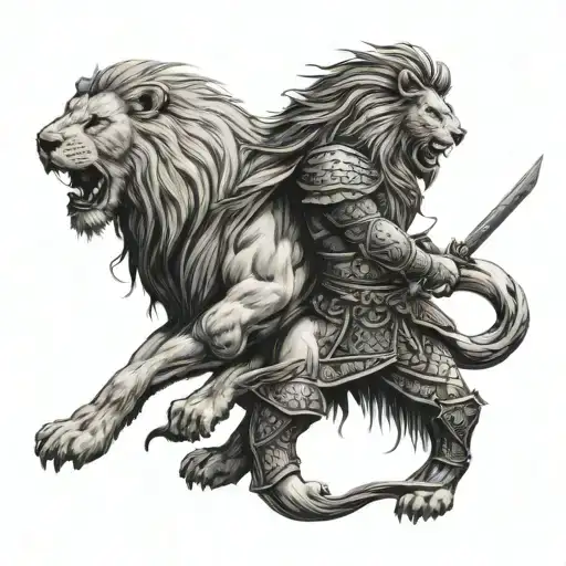 lion standing with a viking on the battlefield scene with soldiers tattoo design idea