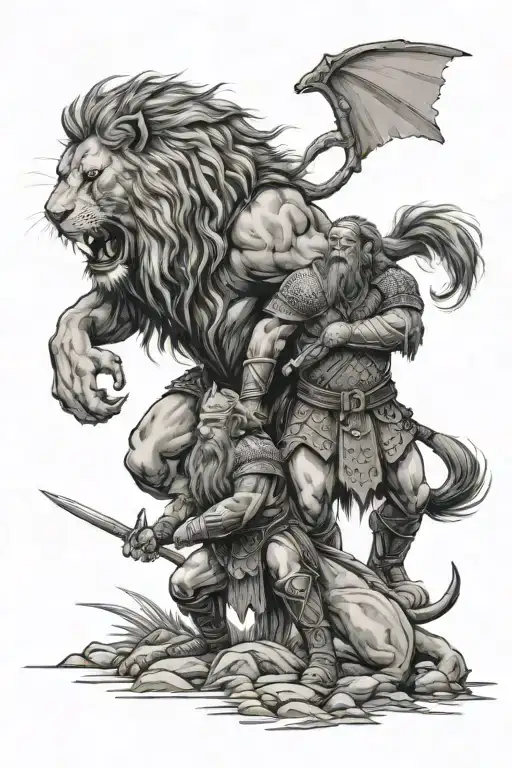 lion and  a viking standing  on the battlefield scene with soldiers tattoo design idea