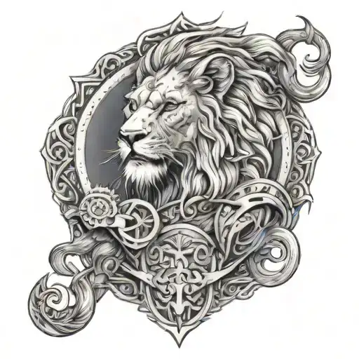 lion in viking equipment arranged tattoo design idea