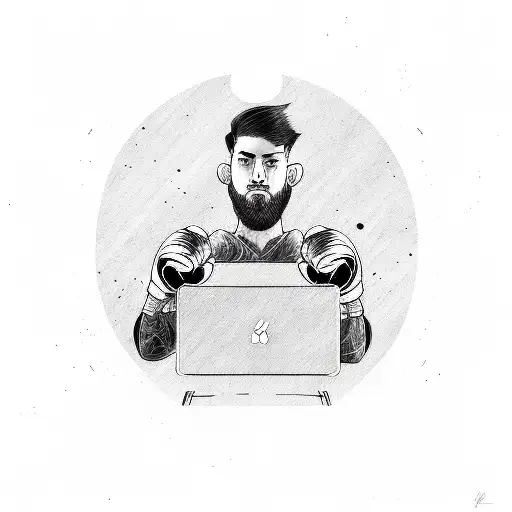 A sketch-style portrait of the client wearing MMA gloves and holding a laptop, showcasing their dual interests in IT and Mixed Martial Arts tattoo design idea