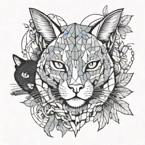 cat and dragon with leafs and birds tattoo design idea