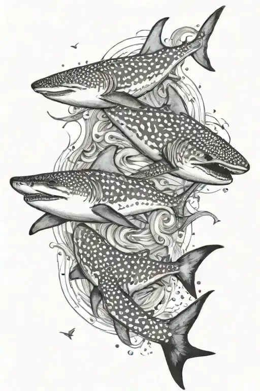 a whale shark as the centerpiece of the design and two dolphins circling it, seen from above tattoo design idea