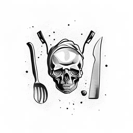 skull cooker chef with knifes and cooking products tattoo design idea