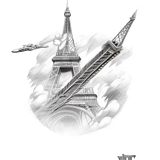 A steampunk-inspired Harry Potter broomstick flying over the Eiffel Tower tattoo design idea