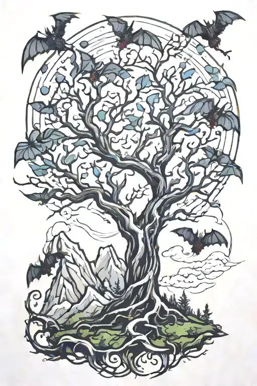 posion tree with bats flying around with mountains  tattoo design idea