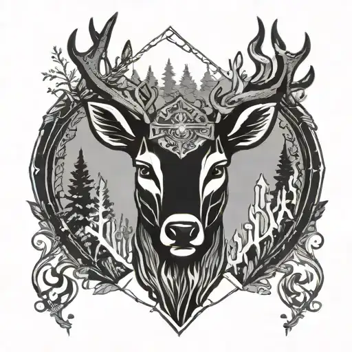 Forest blackout symmetrical geometric  deer face tattoo design idea