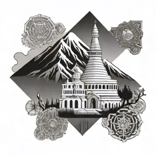 mount taranaki, rivers, roman inspired buildings with pillars and porcelin tiles, geometic elements tattoo design idea