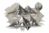 mount taranaki, geometic designs, roman inspired buildings tattoo design idea