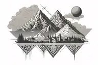 mount taranaki, geometic designs, roman inspired buildings tattoo design idea