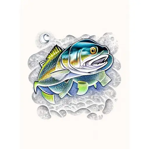 snook and tarpon swimming beneath a dock nighttime full moon tattoo design idea
