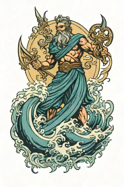 rough seas with poseidon holding the trident tattoo design idea