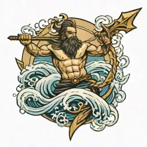 rough seas with poseidon holding the trident tattoo design idea