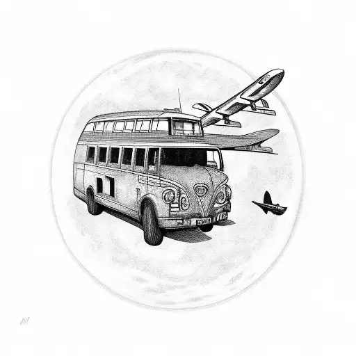 globe with a bus airplane and boat on side tattoo design idea