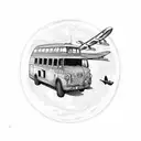 globe with a bus airplane and boat on side tattoo design idea