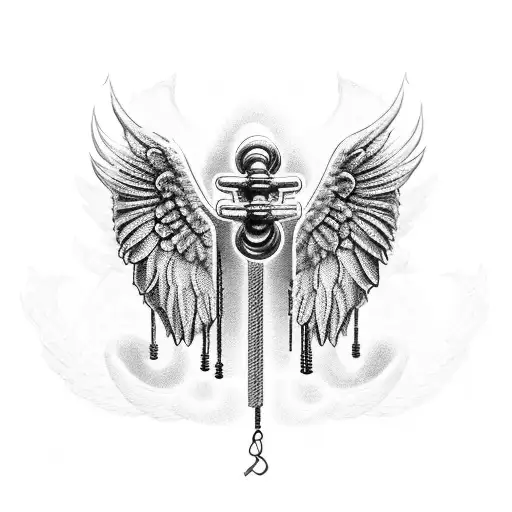 An intricate design of angel wings with weights and dumbbells, representing the balance between faith and strength tattoo design idea