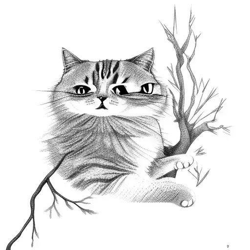 A cat sitting on a tree branch overlooking a serene waterfall tattoo design idea