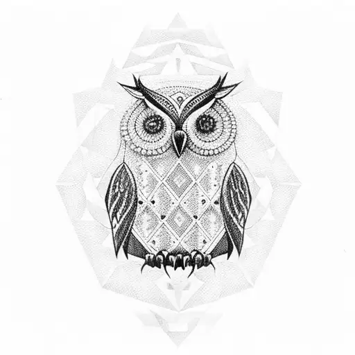 A dotwork owl with geometric patterns perched on a marble column tattoo design idea