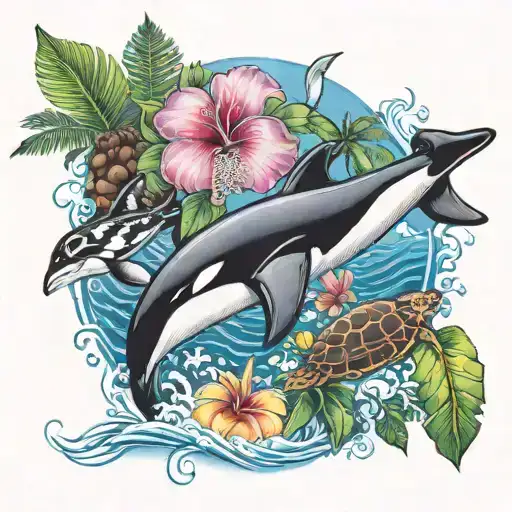 hawaiian hibiscus, ocean, coconut tree, surf, sea turtle, orca whale tattoo design idea
